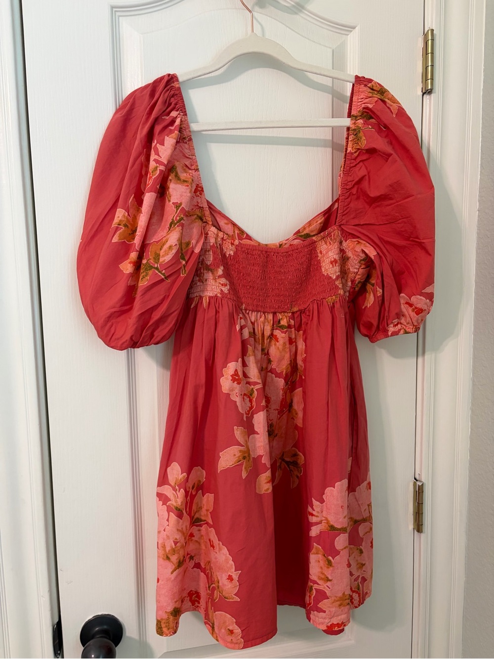 Free People Coral Pink Floral Puff Sleeve Mini Dress - Picture 3 of 3